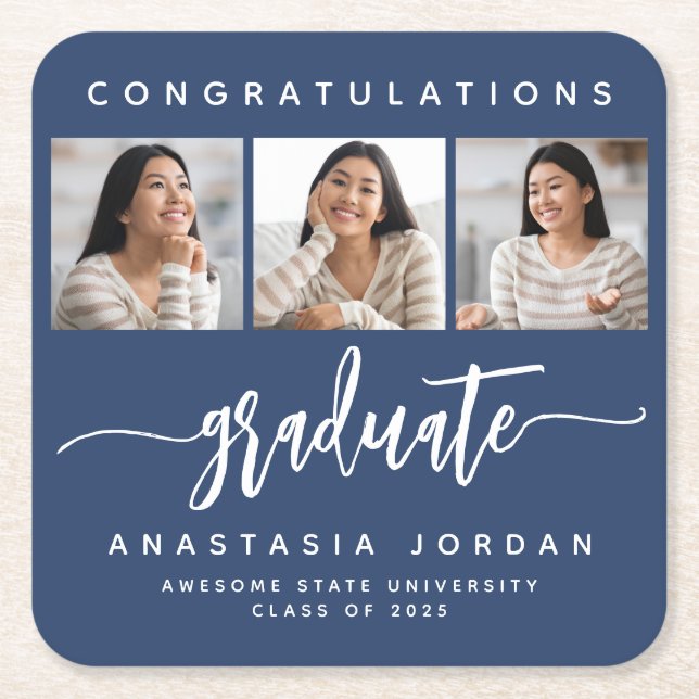 2025 3-Photo Navy Blue Congratulations Graduate Square Paper Coaster (Front)