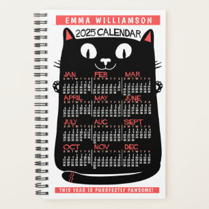 2025 Année Calendrier Mensuel Mi-siècle Noir Chat 