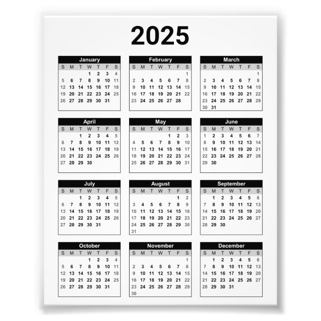 2025 Année En Coup D'Oeil Calendrier Photo Élargis (Devant)