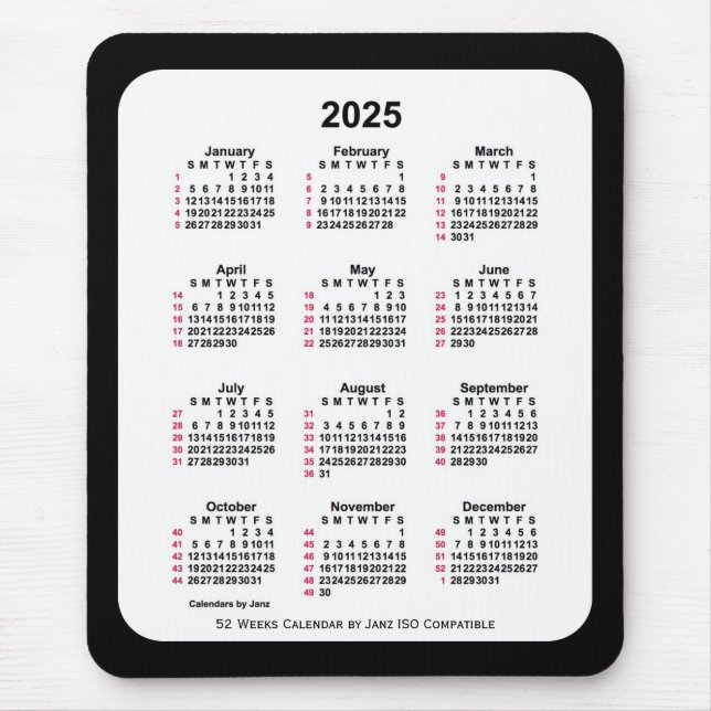 2025 Black 52 Weeks ISO Calendar by Janz Two Tone Mouse Pad (Front)
