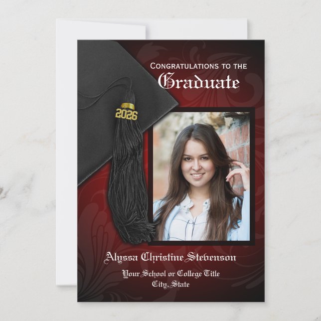 2025 Black and Red Tassel Charm Photo Graduation Invitation (Front)
