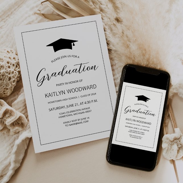 2025 Black and White Cap Modern Graduation Party Invitation (Creator Uploaded)