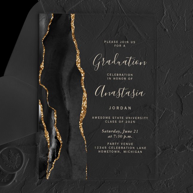 2025 Black Gold Agate Gold Text Graduation Acrylic Invitations (Creator Uploaded)