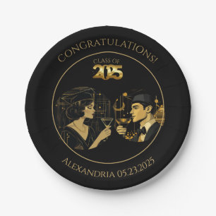 2025 Black Gold Cocktail & Caps Graduation Party Paper Plate