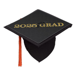 2025 BLACK Grad Cap on Black Damask with Gold Text