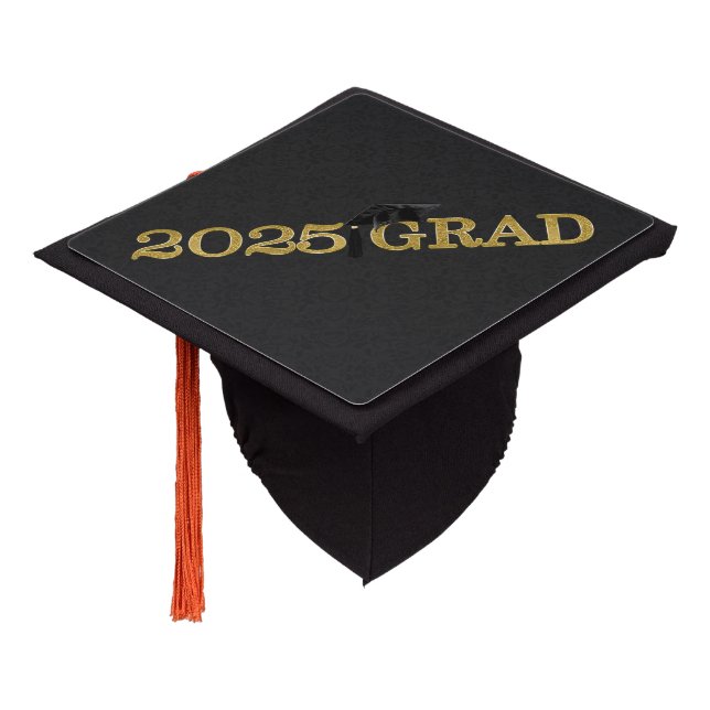 2025 BLACK Grad Cap on Black Damask with Gold Text (Angled)