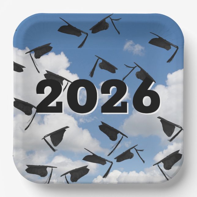 2025 Black Graduation Hats in Sky  Paper Plate (Front)
