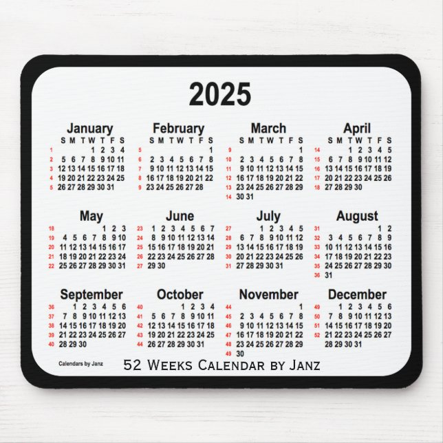2025 Black Two Tone 52 Weeks Calendar by Janz Mouse Pad (Front)