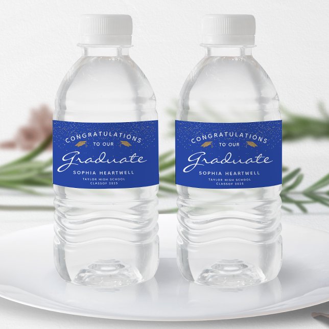 2025 Blue Gold Cap White Script Graduation Water Bottle Label (Creator Uploaded)