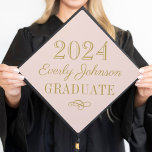 2025 Blush Pink and Gold Custom Graduation Cap Topper<br><div class="desc">Stylish graduation cap topper features your graduate's name in antique gold script with a scroll design accent. The pretty blush pink and gold colour scheme can be completely customized.</div>