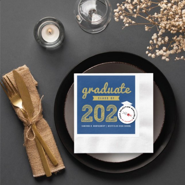 2025 Bold Gold Sketch Text Modern Graduation Party Napkin (Class of 20YY Bold Gold Sketch & Dark Blue Graduation Party Paper Napkin @ zazzle.com/color_therapy)