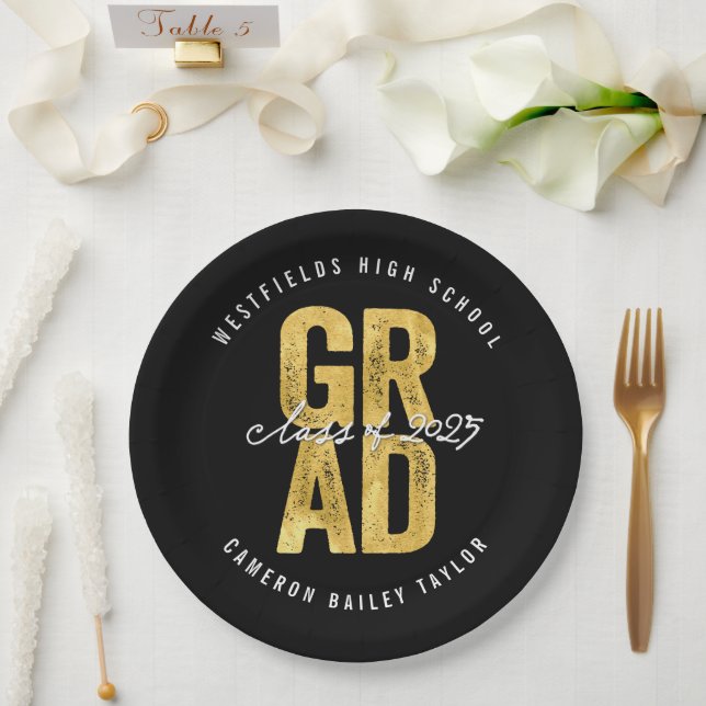 2025 Bold GRAD Gold Foil Stylish Graduation Party Paper Plate (Wedding)