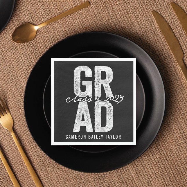 2025 Bold GRAD Silver Foil Graduation Party Paper  Napkin (Class of 2025 Bold GRAD Silver Foil Graduation Party Paper Napkin @ zazzle.com/color_therapy)