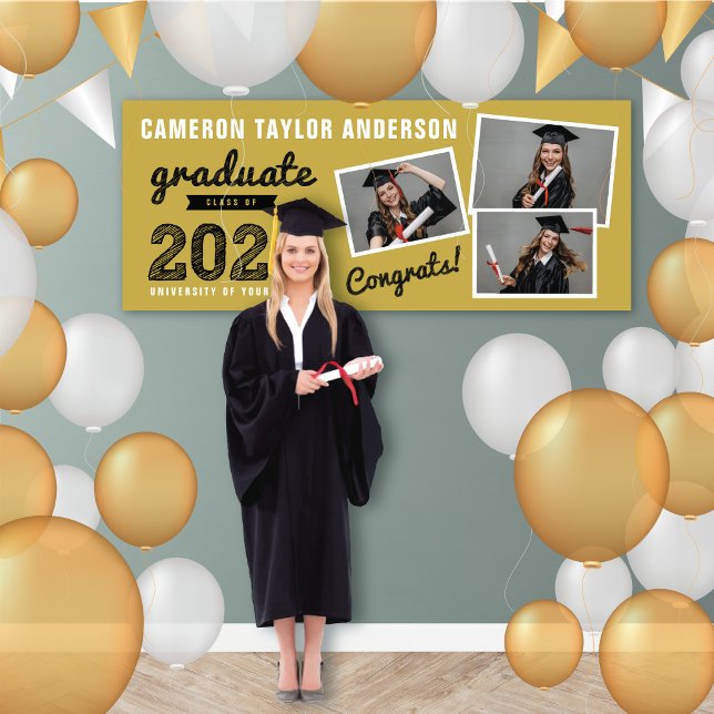 2025 Bold Sketch 3 Photo Collage Graduation Party Banner (2024 Gold And Black Sketch 3 Photo Modern Graduation Party Banner @ www.zazzle.com/color_therapy)