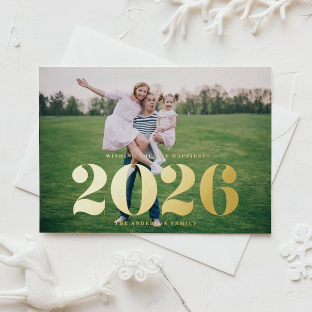2025 Bold Typography Horizontal Photo New Year Foil Holiday Postcard (Send new year cheer with this customizable gold foil photo 2026 new year postcard.)
