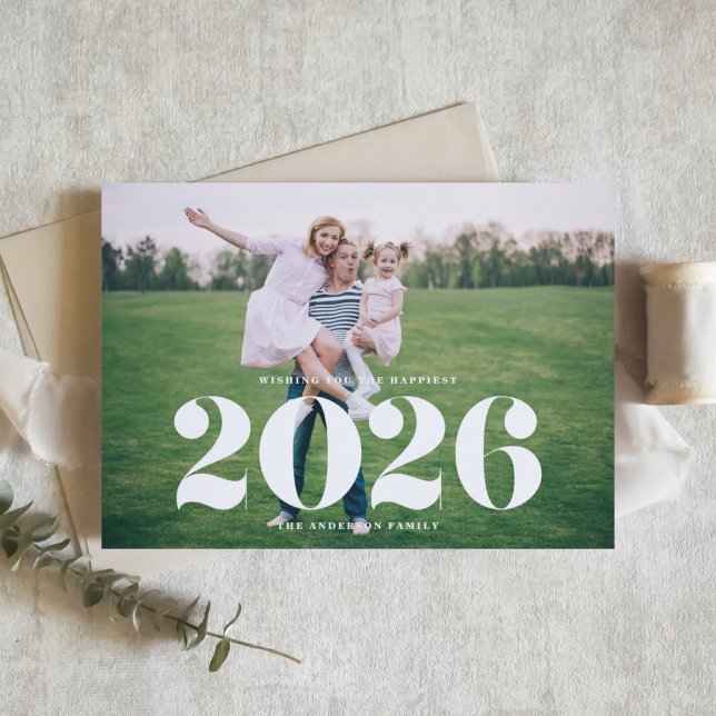 2025 Bold Typography Horizontal Photo New Year Holiday Card (Send new year cheer with this customizable photo 2026 new year card.)