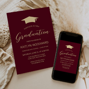 2025 Burgundy Gold Cap Modern Graduation Party Invitation