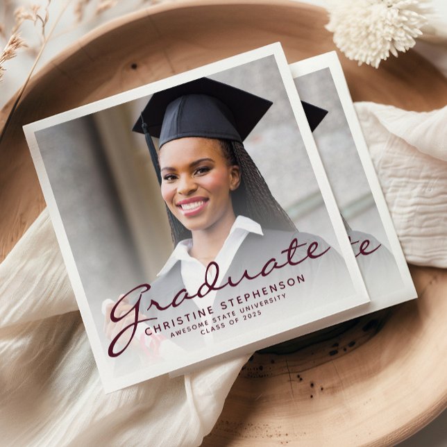 2025 Burgundy Script Photo Graduation Party Napkin (Creator Uploaded)
