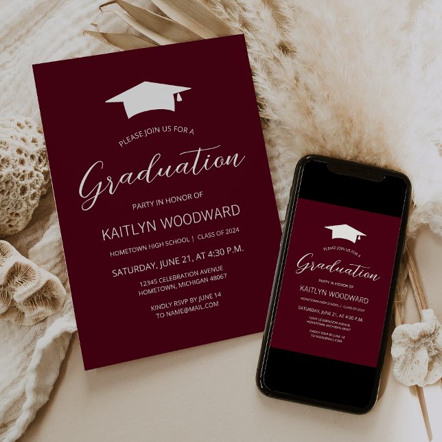 2025 Burgundy White Cap Modern Graduation Party Invitation (Creator Uploaded)