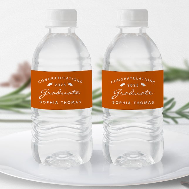 2025 Burnt Orange White Script Cap Graduation Water Bottle Label (Creator Uploaded)