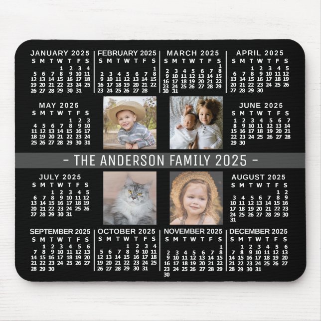 2025 Calendar 4 Custom Photo Name Black White Grey Mouse Pad (Front)