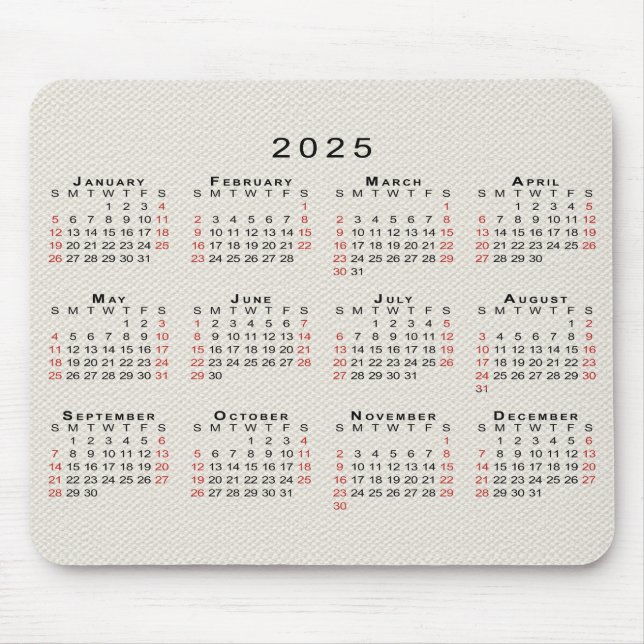 2025 Calendar Beige Faux Canvas Texture Mouse Pad (Front)