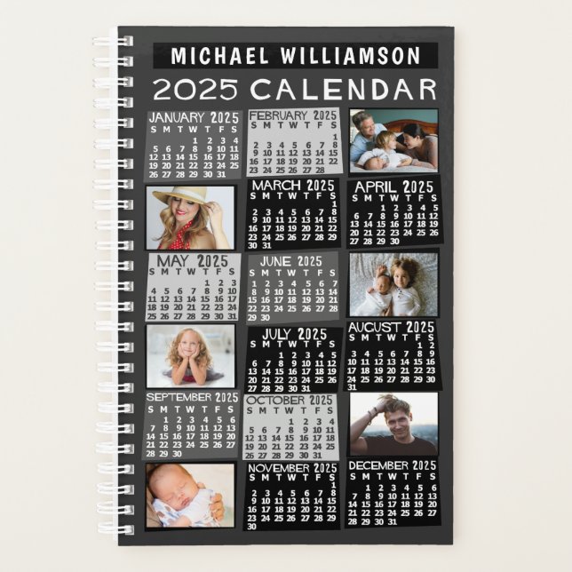 2025 Calendar Black Mod 12 Photo Collage Name Sm Planner (Front)
