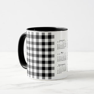2025 Calendar Black White Gingham Plaid Template Mug