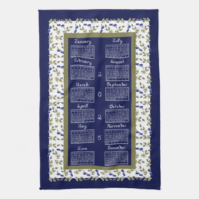 2025 Calendar Blueberries Stem Leaves Navy Tea Kitchen Towel (Vertical)