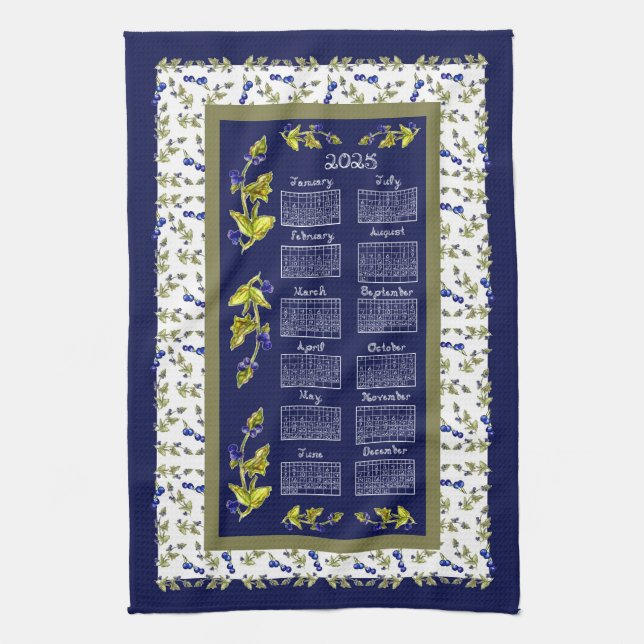 2025 Calendar Blueberries Stemmed Leaves Navy Tea Kitchen Towel (Vertical)