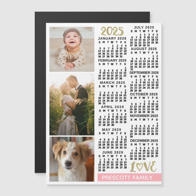 2025 Calendar Blush Pink Gold Custom Family Photos Magnetic Invitation (Front/Back)