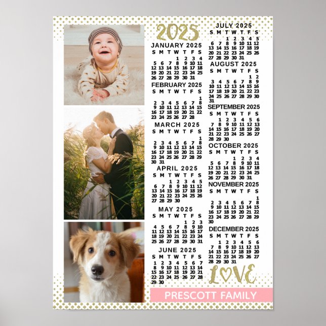 2025 Calendar Blush Pink Gold Family Photo Collage Poster (Front)