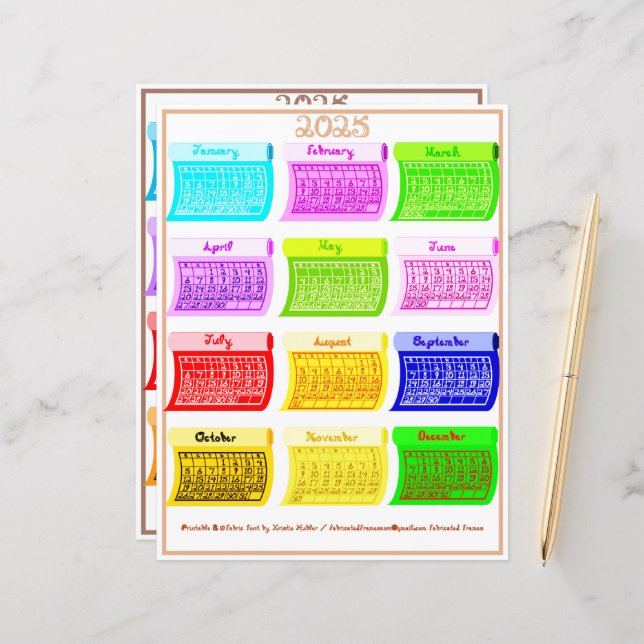 2025 Calendar Bolt Fabric Font 12 Colour Months (Front/Back In Situ)