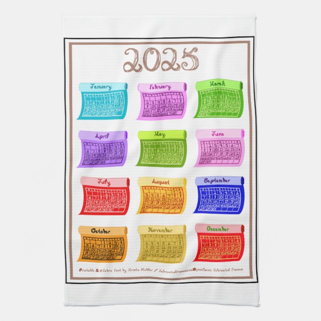 2025 Calendar Bolt Fabric Font 12 Colour Months Kitchen Towel (Vertical)