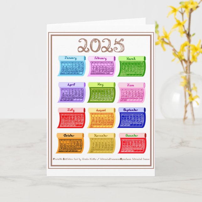 2025 Calendar Bolt Fabric Font 12 Colourful Months Card (Yellow Flower)