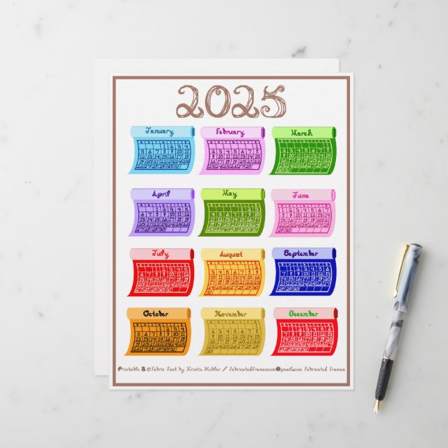 2025 Calendar Bolt Fabric Font 12 Colourful Months Letterhead (Front/Back In Situ)