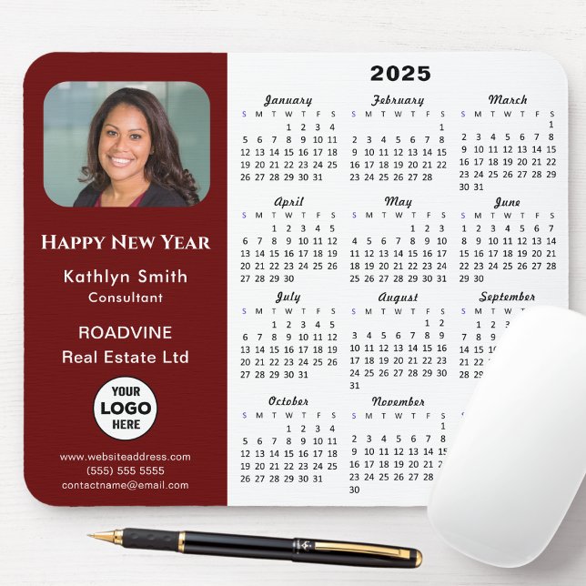 2025 Calendar Business Logo Photo Modern Red Mouse Pad (Creator Uploaded)