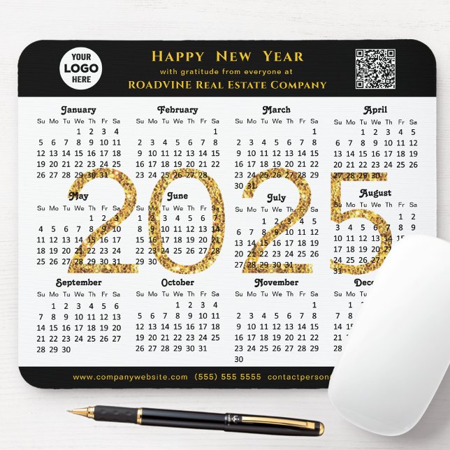 2025 Calendar Business Logo QR Modern Black Simple Mouse Pad (Creator Uploaded)