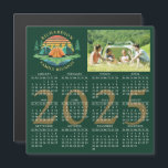2025 Calendar Camping Family Reunion Dark Green<br><div class="desc">This magnetic 2025 calendar on a dark green background was designed for a camping theme Family Reunion. The template makes it easy to upload a custom photo and customize the text with your family name. The design features a vintage sunset illustration with tents in a pine tree forest near a...</div>