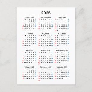 2025 Calendar Card: Sunday Start, Black & White Postcard