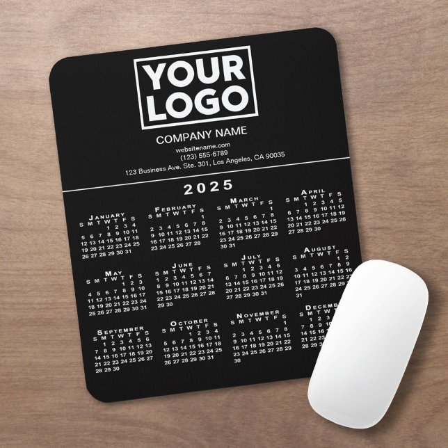 2025 Calendar Company Logo and Text on Black Mouse Pad (2025 Calendar Company Logo and Text on Black Mouse Pad in situ)