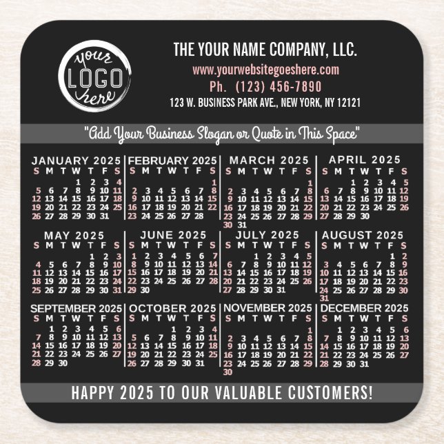 2025 Calendar Custom Business Logo Name Black Easy Square Paper Coaster (Front)