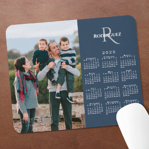 2025 Calendar Custom Photo Monogram Name Navy Blue Mouse Pad