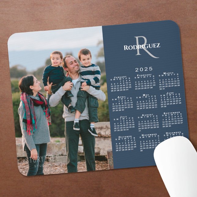 2025 Calendar Custom Photo Monogram Name Navy Blue Mouse Pad (2025 Calendar Custom Photo Monogram Name Navy Blue Mouse Pad in situ)