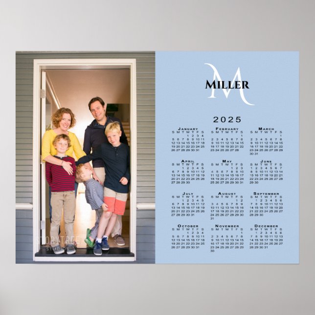 2025 Calendar Custom Photo Monogram on Light Blue Poster (Front)