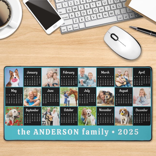 2025 Calendar Custom Teal Blu Unique Photo Collage Desk Mat (Creator Uploaded)