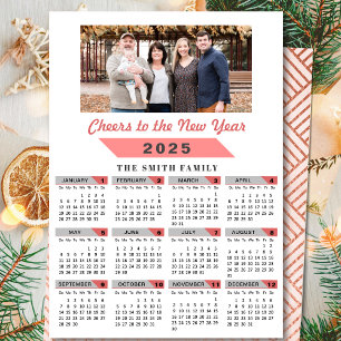 2025 Calendar Family Photo Pink Glitter Minimalist Holiday Card