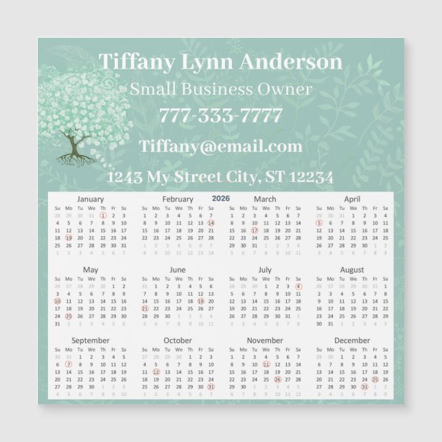 2025 Calendar Heart Leaf Tree Floral Mint Green (Front)