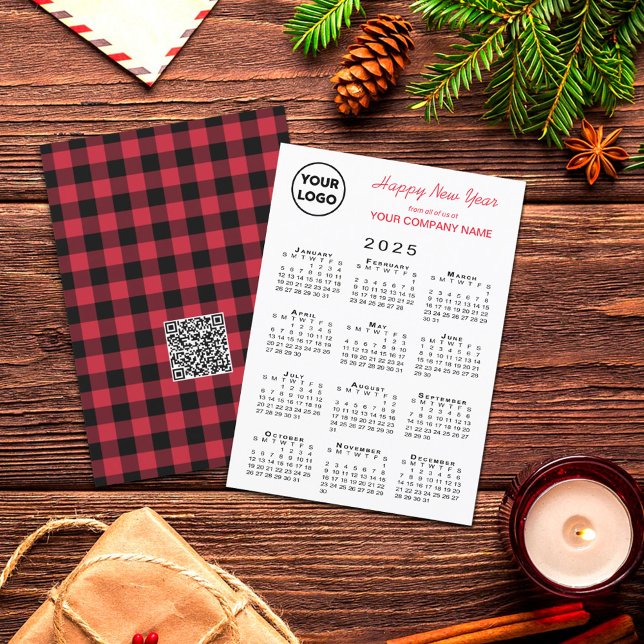 2025 Calendar Logo QR Code Red Black Gingham Check Holiday Card (2025 Calendar Logo QR Code Red Black Gingham Check Holiday Card, front/back in situ)