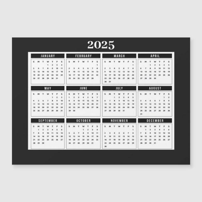 2025 Calendar Modern Black White Magnetic Card (Front)